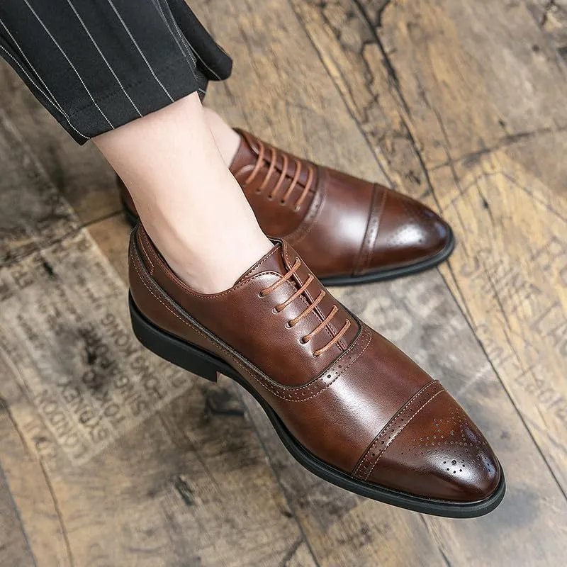 Santimon Men's Leather Oxfords Cap Toe Brogues Solid Formal Casual Office Business Dress Shoes