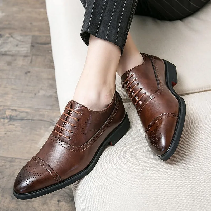 Santimon Men's Leather Oxfords Cap Toe Brogues Solid Formal Casual Office Business Dress Shoes