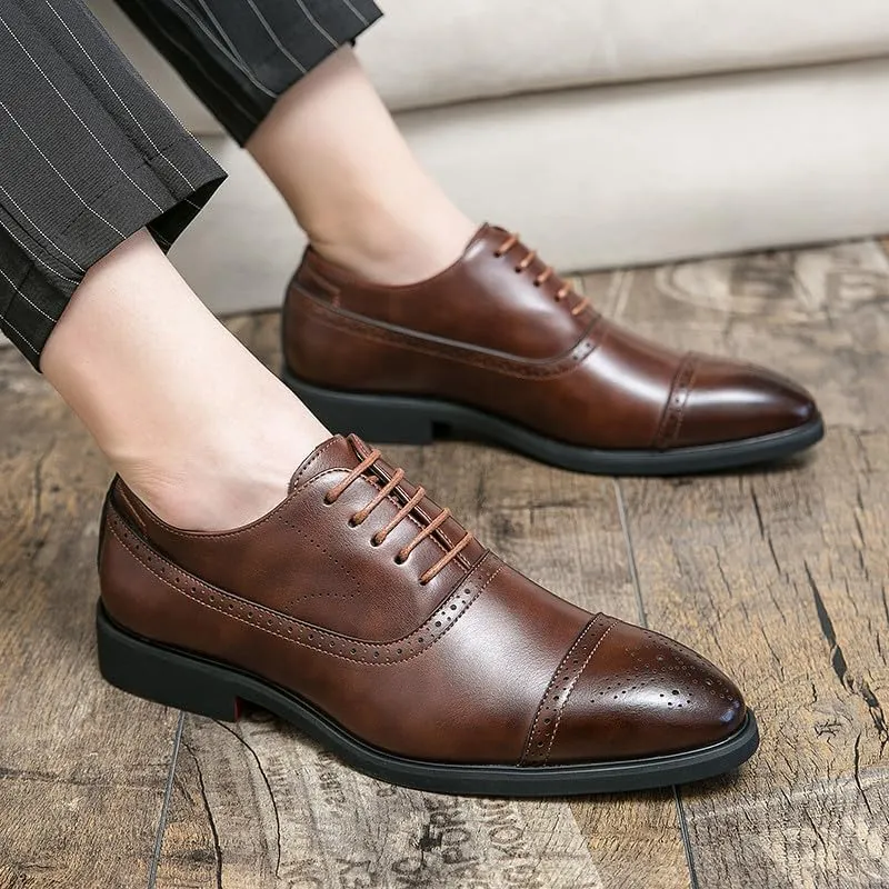 Santimon Men's Leather Oxfords Cap Toe Brogues Solid Formal Casual Office Business Dress Shoes