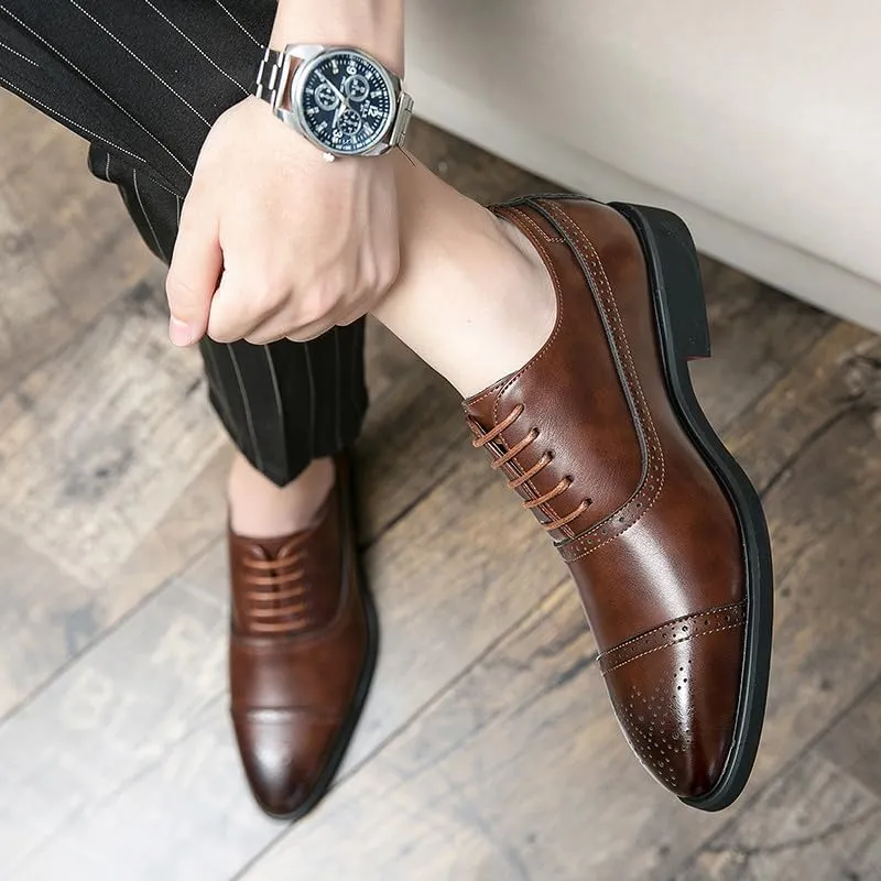 Santimon Men's Leather Oxfords Cap Toe Brogues Solid Formal Casual Office Business Dress Shoes