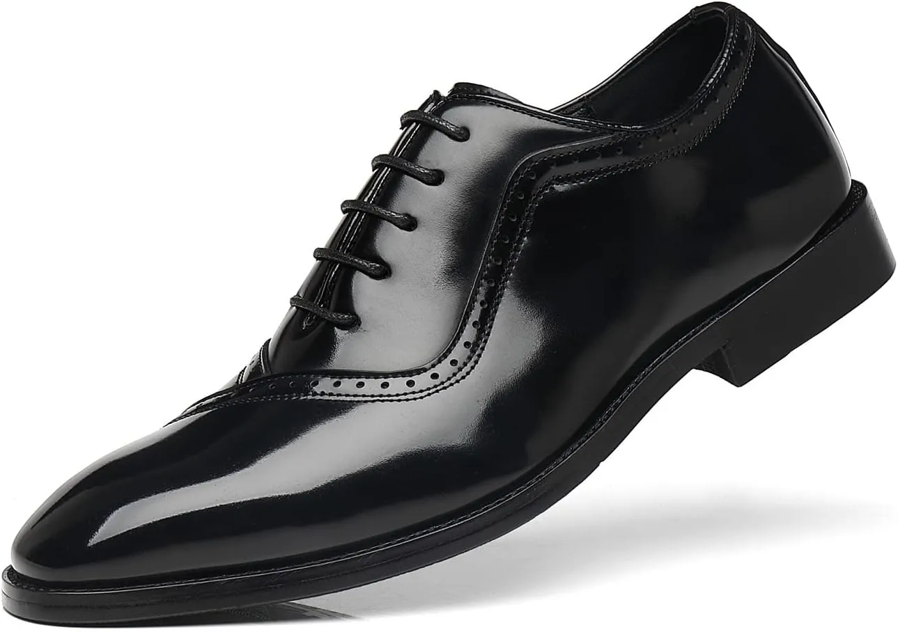 Santimon Men's Oxfords Faux Patent Leather Tuxedo Brogue Derby Dress Shoes Classic Lace-up Formal Casual Loafers