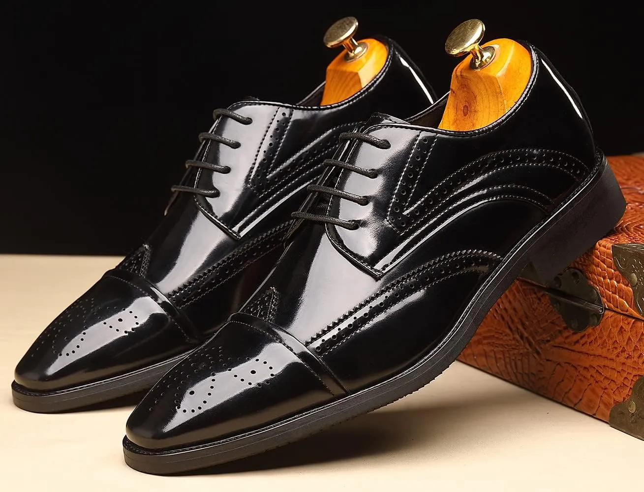 Santimon Men's Wingtip Oxfords Cap Toe Patent Leather Tuxedo Dress Shoes Classic Lace-up Breathable Formal Casual Shoes