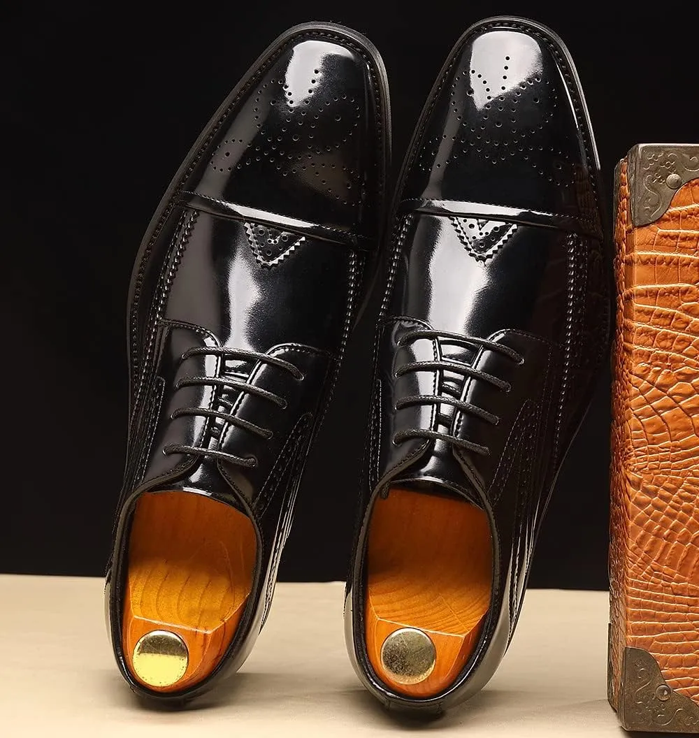 Santimon Men's Wingtip Oxfords Cap Toe Patent Leather Tuxedo Dress Shoes Classic Lace-up Breathable Formal Casual Shoes