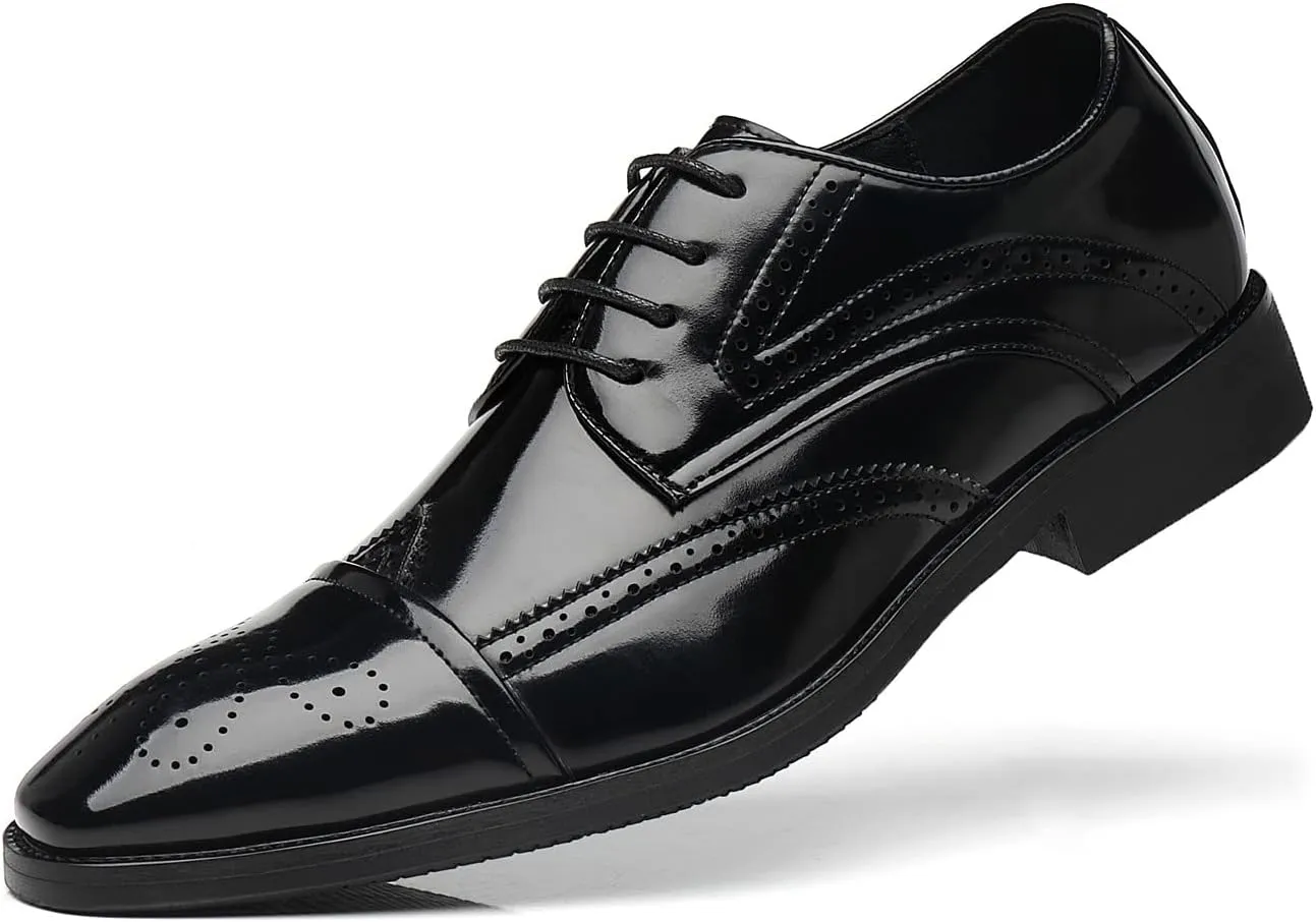 Santimon Men's Wingtip Oxfords Cap Toe Patent Leather Tuxedo Dress Shoes Classic Lace-up Breathable Formal Casual Shoes