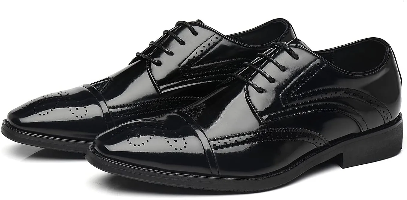 Santimon Men's Wingtip Oxfords Cap Toe Patent Leather Tuxedo Dress Shoes Classic Lace-up Breathable Formal Casual Shoes