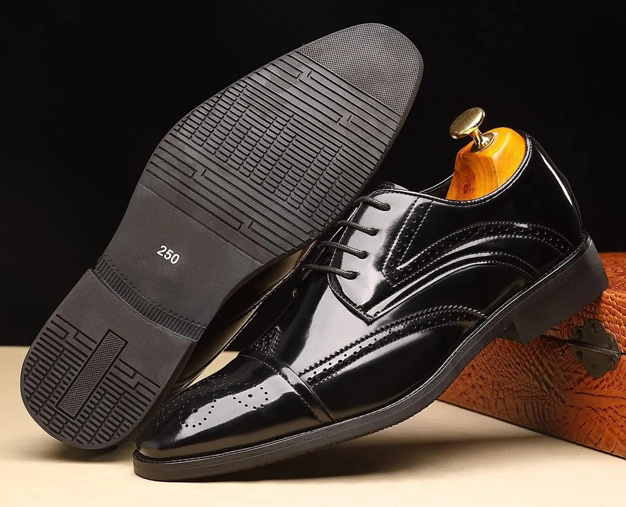 Santimon Men's Wingtip Oxfords Cap Toe Patent Leather Tuxedo Dress Shoes Classic Lace-up Breathable Formal Casual Shoes