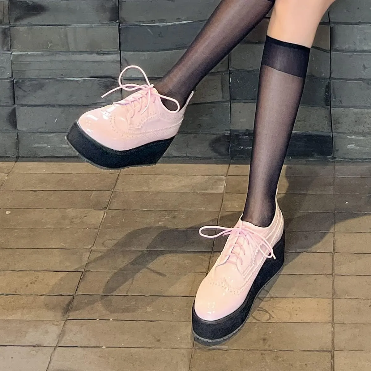 SHEMEE Women's Patent Leather Wedge Heel Platform Oxfords Pumps Wingtip Lace Up Round Toe Brogues Sneaker Shoes