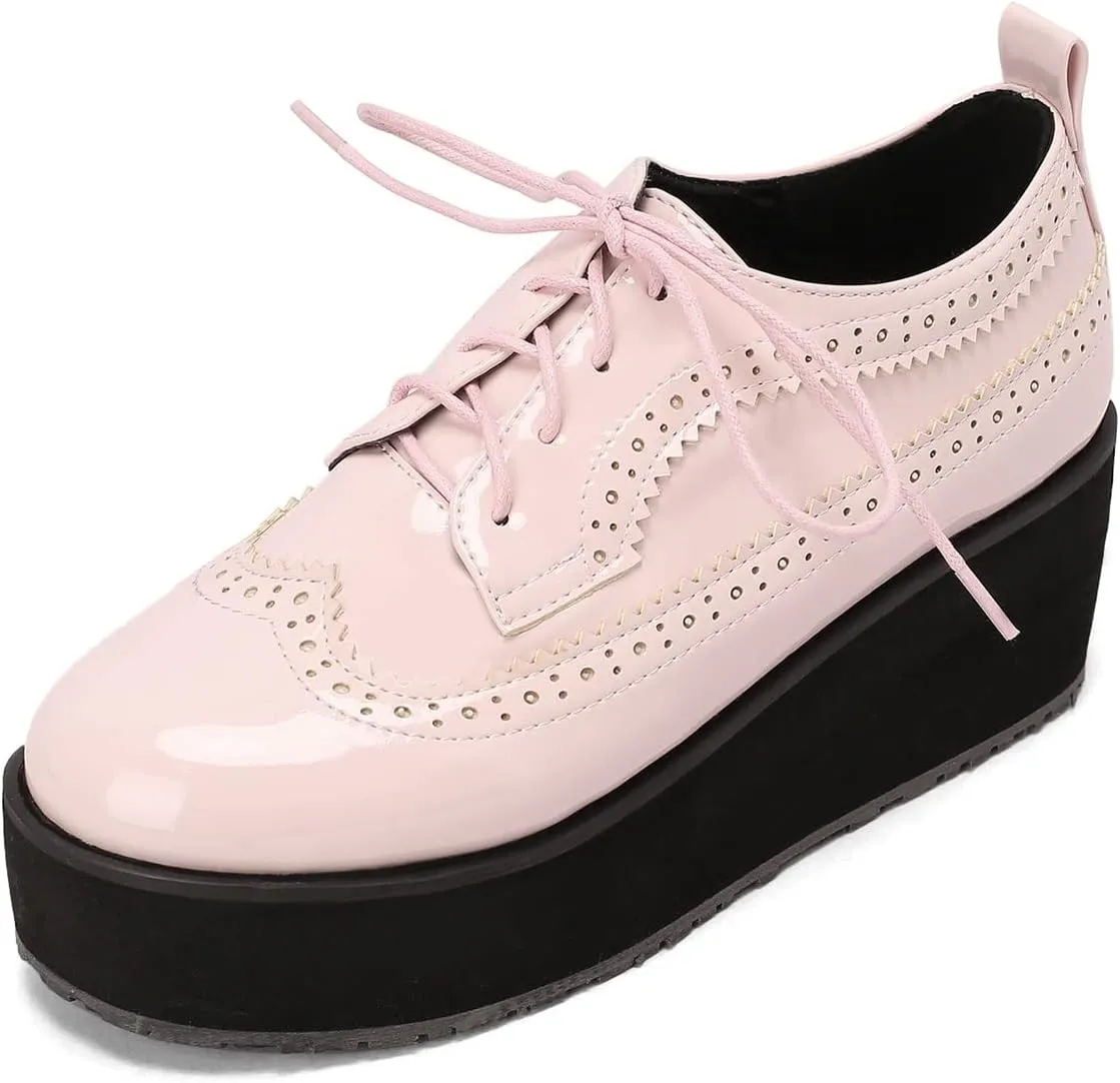 SHEMEE Women's Patent Leather Wedge Heel Platform Oxfords Pumps Wingtip Lace Up Round Toe Brogues Sneaker Shoes