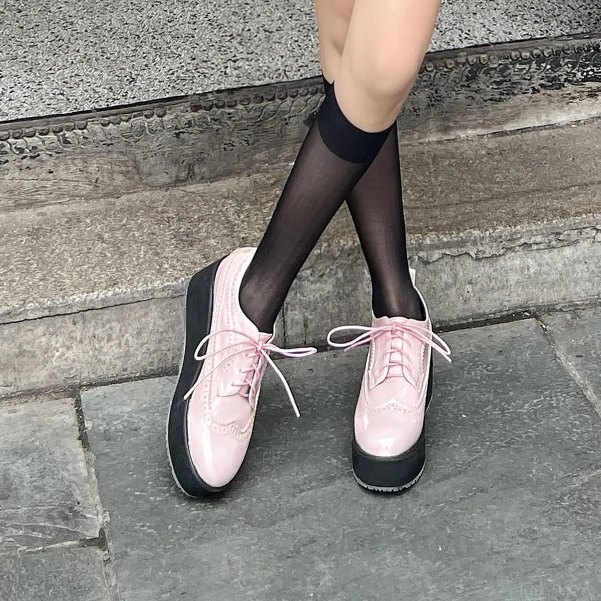 SHEMEE Women's Patent Leather Wedge Heel Platform Oxfords Pumps Wingtip Lace Up Round Toe Brogues Sneaker Shoes