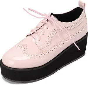 SHEMEE Women's Patent Leather Wedge Heel Platform Oxfords Pumps Wingtip Lace Up Round Toe Brogues Sneaker Shoes