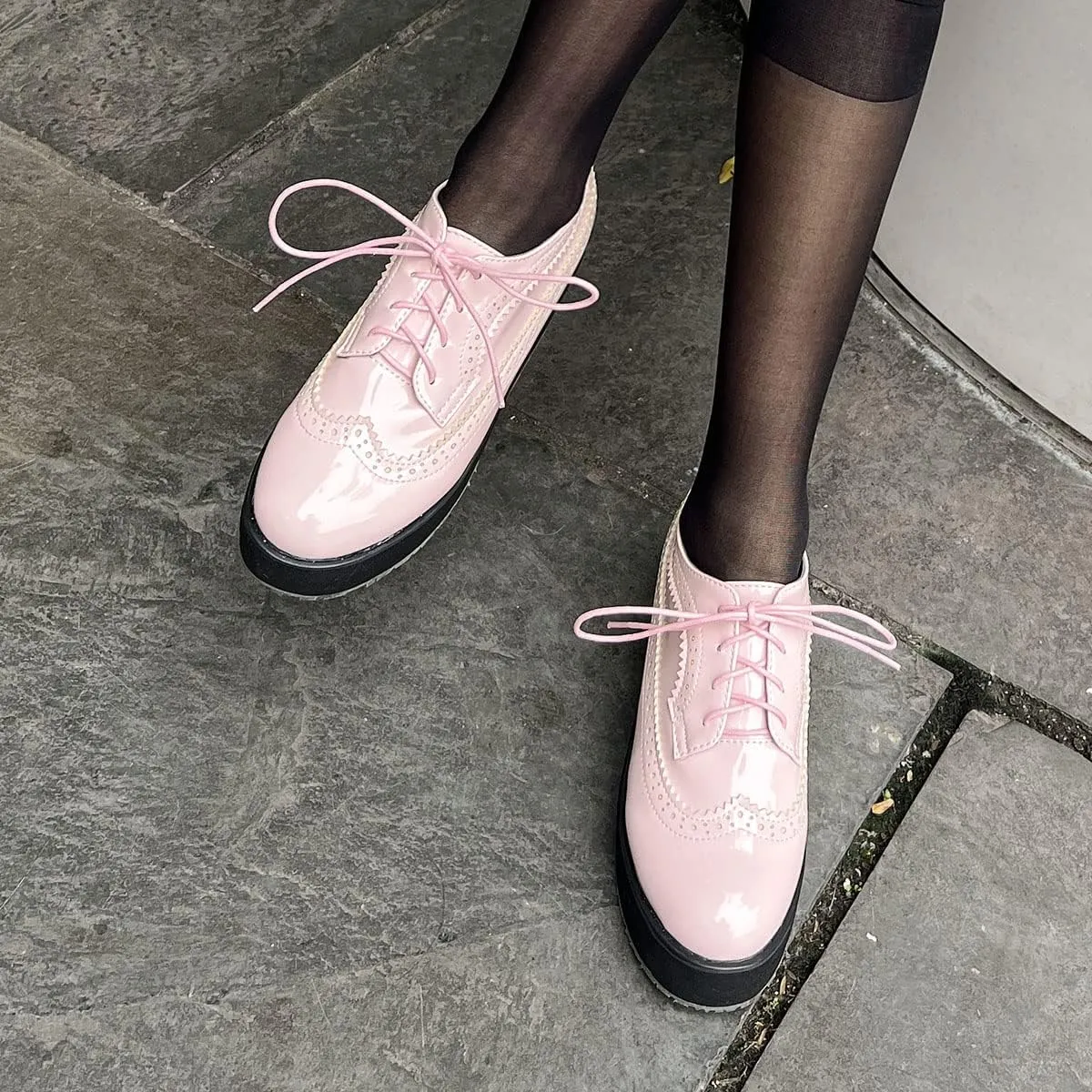 SHEMEE Women's Patent Leather Wedge Heel Platform Oxfords Pumps Wingtip Lace Up Round Toe Brogues Sneaker Shoes