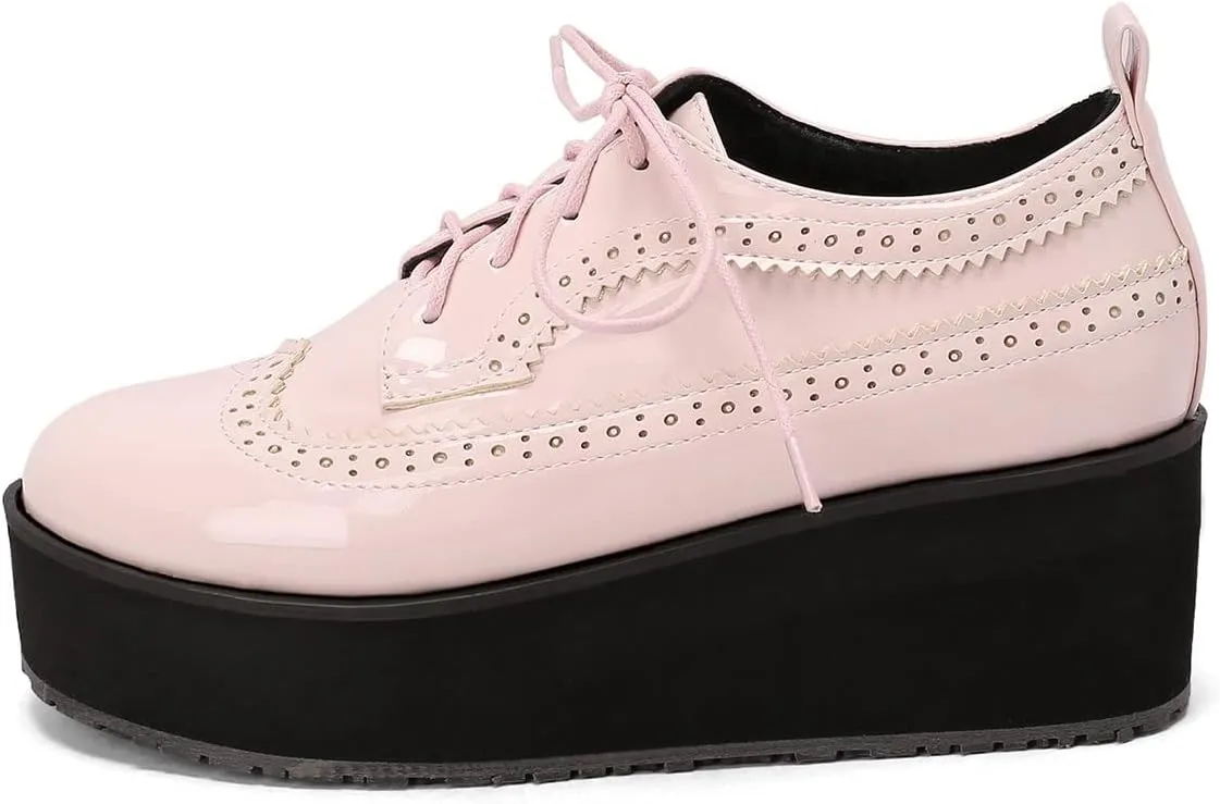 SHEMEE Women's Patent Leather Wedge Heel Platform Oxfords Pumps Wingtip Lace Up Round Toe Brogues Sneaker Shoes