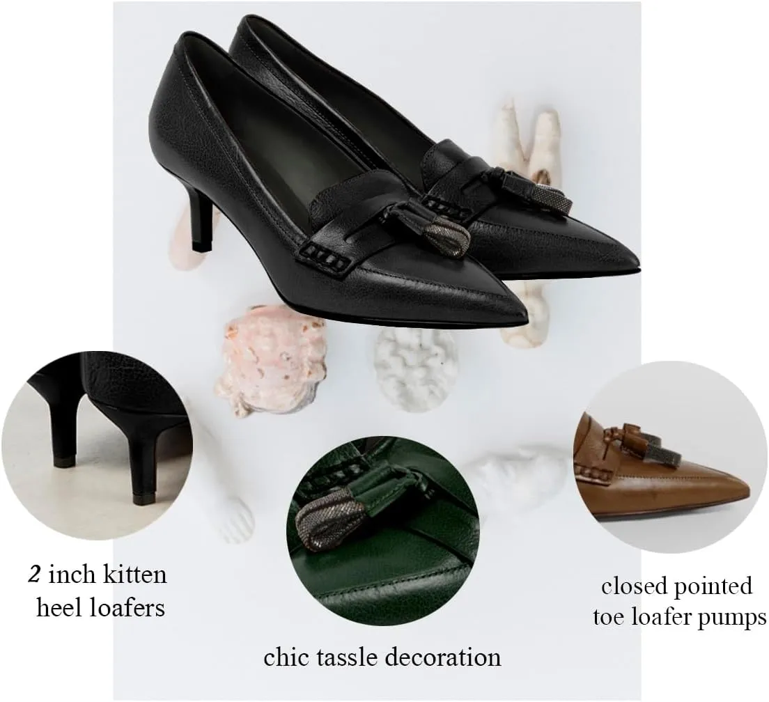 SHODENSE Women Kitten Heel Loafers Tassel Pointed Toe Loafer Pumps Slip On Dress Kitten Heels Penny Loafers Fringe Matte Vintage Office Loafer Heels 2 inch 4-11 M US