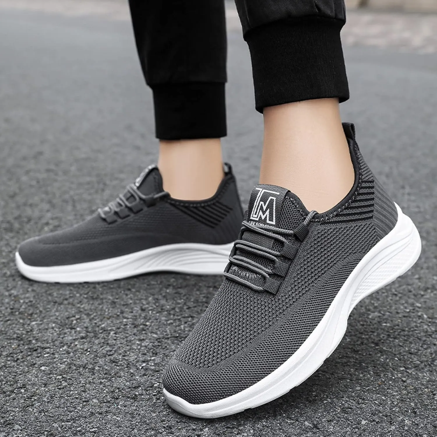 Shoes for Men Work Sneakers for Men Comfortable Breathable Lightweight Tennis Shoes Dress Mens Athletic Running Tennis Leather Sneakers Black