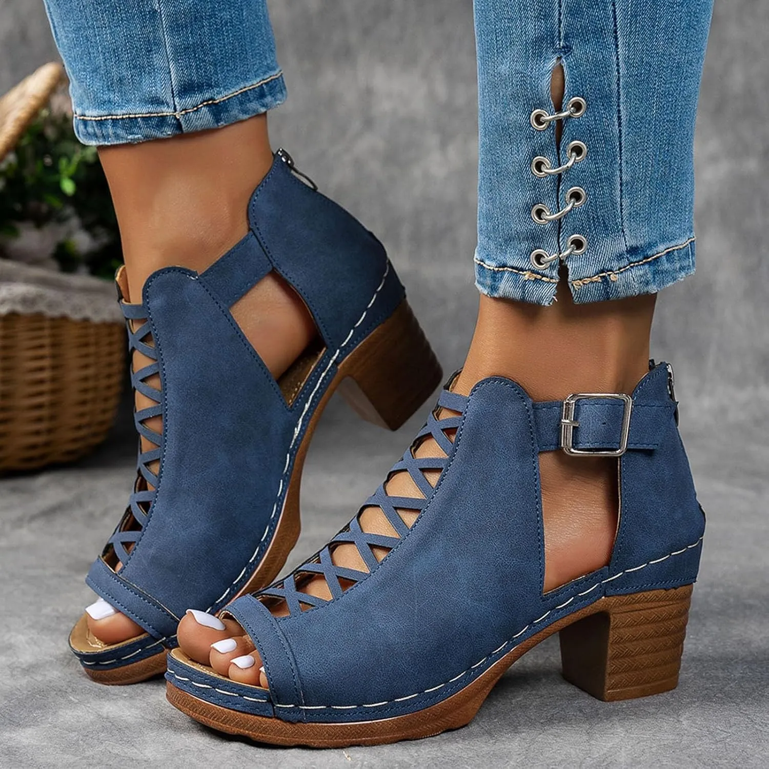 Shoes for Women Sandals, Womens Sandals Sexy Hollow Floral Lace Chunky High Heels Peep Toe Platform Boots