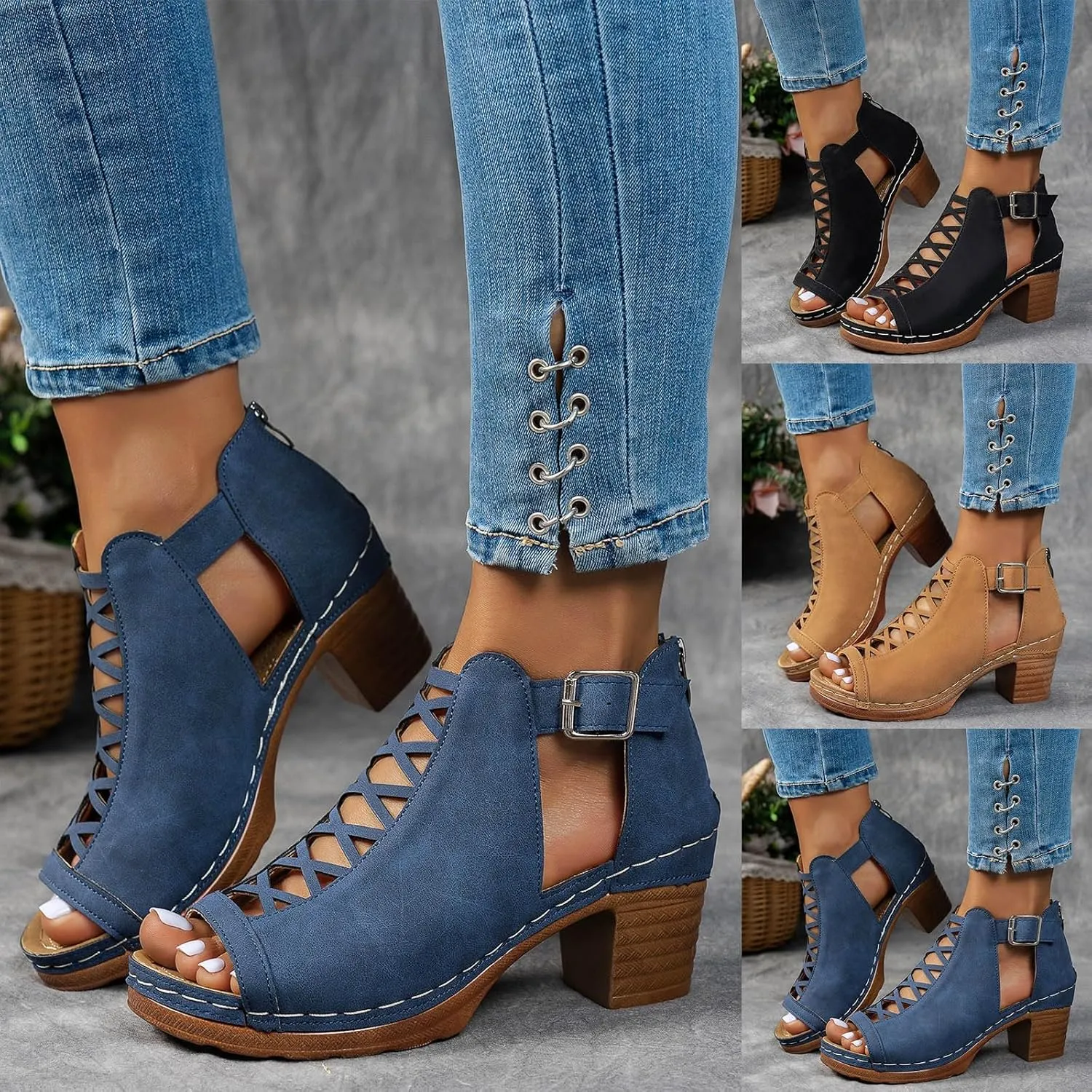 Shoes for Women Sandals, Womens Sandals Sexy Hollow Floral Lace Chunky High Heels Peep Toe Platform Boots