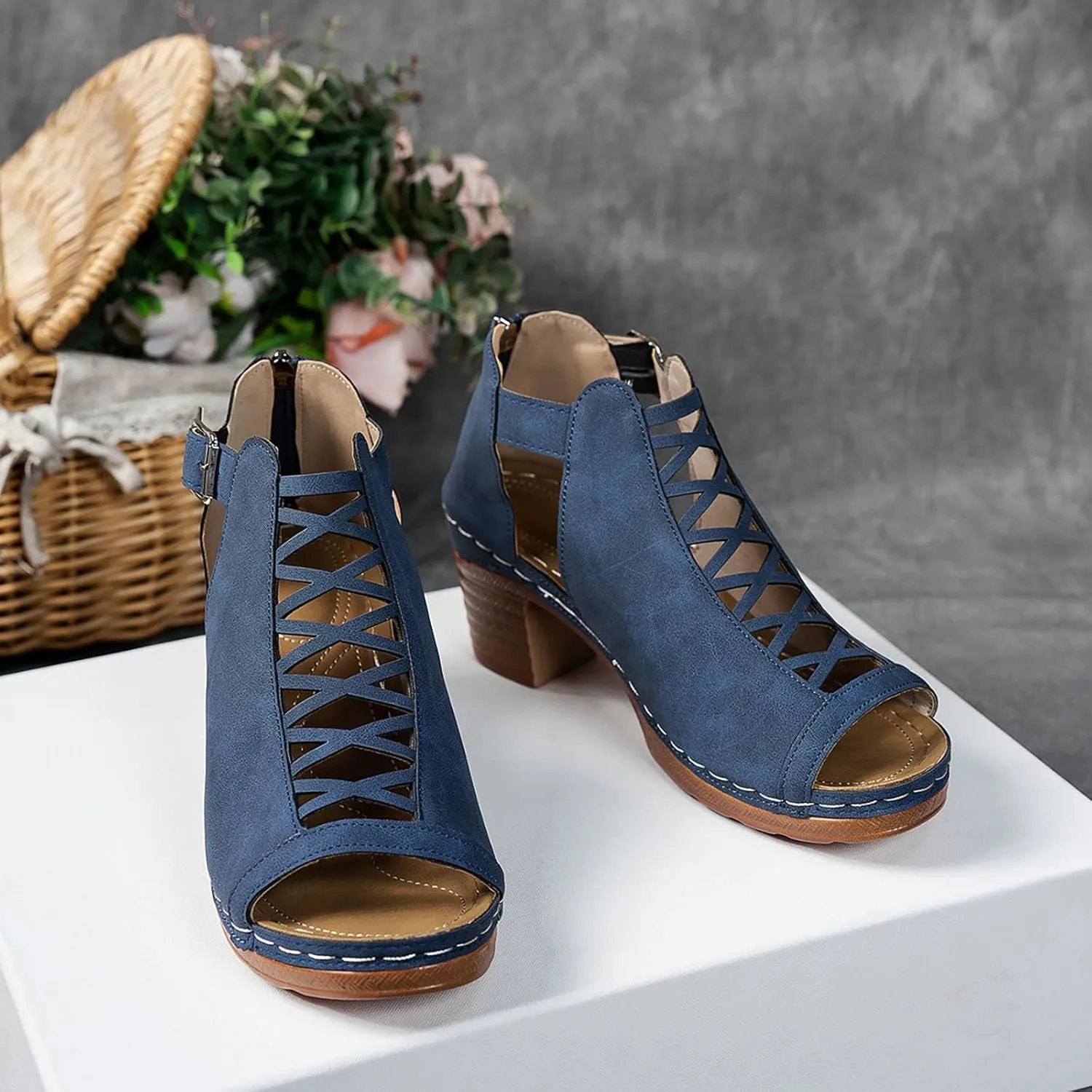 Shoes for Women Sandals, Womens Sandals Sexy Hollow Floral Lace Chunky High Heels Peep Toe Platform Boots
