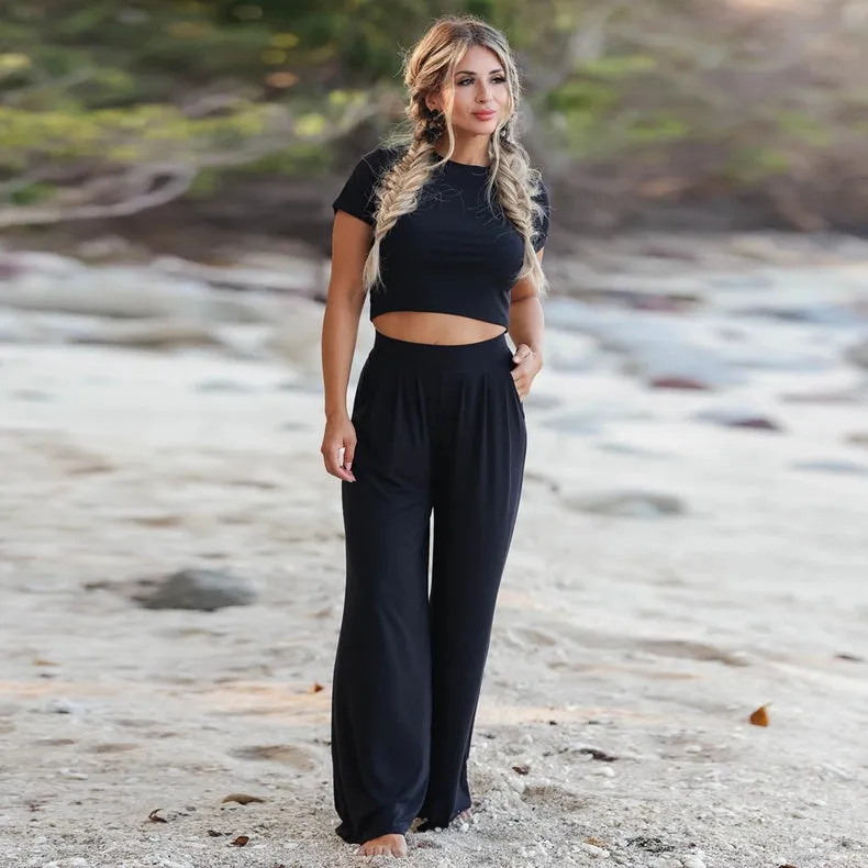 Short Sleeves Solid Color Ladies Daily Set Black