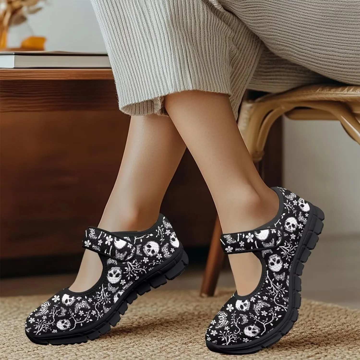 Skull Print Women's Mary Jane Shoes Slip Ons Breathable Cozy Shoes for Daily