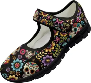 Skull Print Women's Mary Jane Shoes Slip Ons Breathable Cozy Shoes for Daily