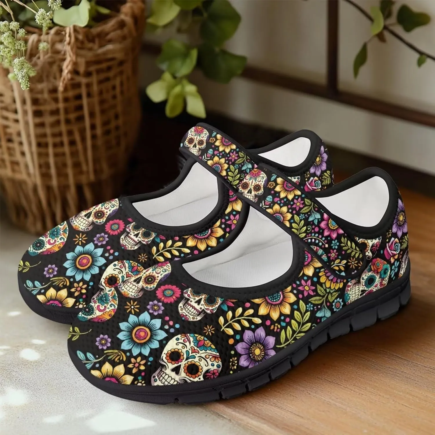 Skull Print Women's Mary Jane Shoes Slip Ons Breathable Cozy Shoes for Daily