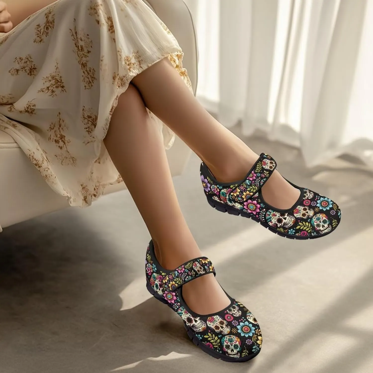 Skull Print Women's Mary Jane Shoes Slip Ons Breathable Cozy Shoes for Daily