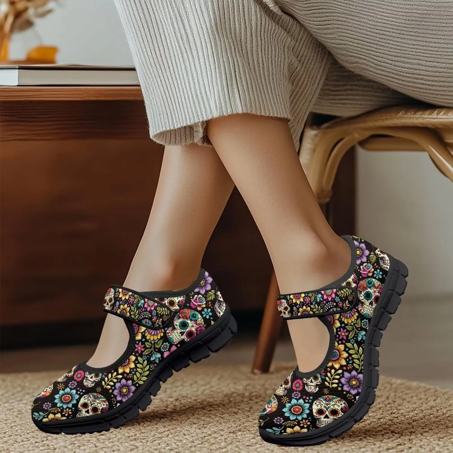 Skull Print Women's Mary Jane Shoes Slip Ons Breathable Cozy Shoes for Daily