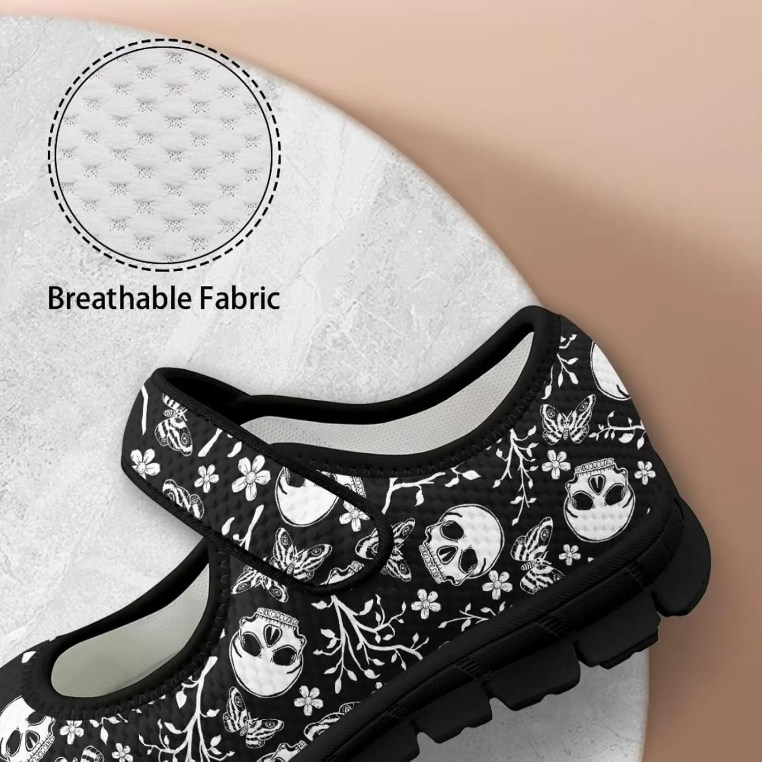 Skull Print Women's Mary Jane Shoes Slip Ons Breathable Cozy Shoes for Daily