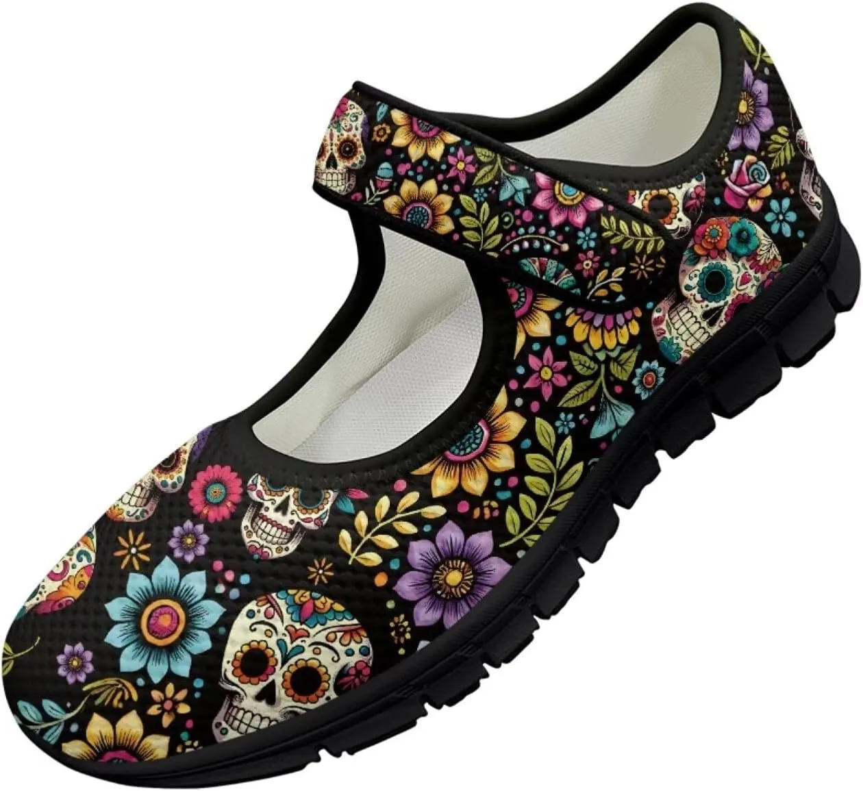 Skull Print Women's Mary Jane Shoes Slip Ons Breathable Cozy Shoes for Daily