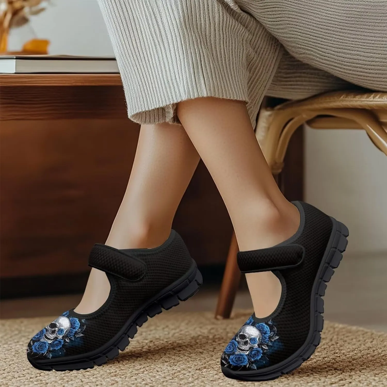 Skull Print Women's Mary Jane Shoes Slip Ons Breathable Cozy Shoes for Daily