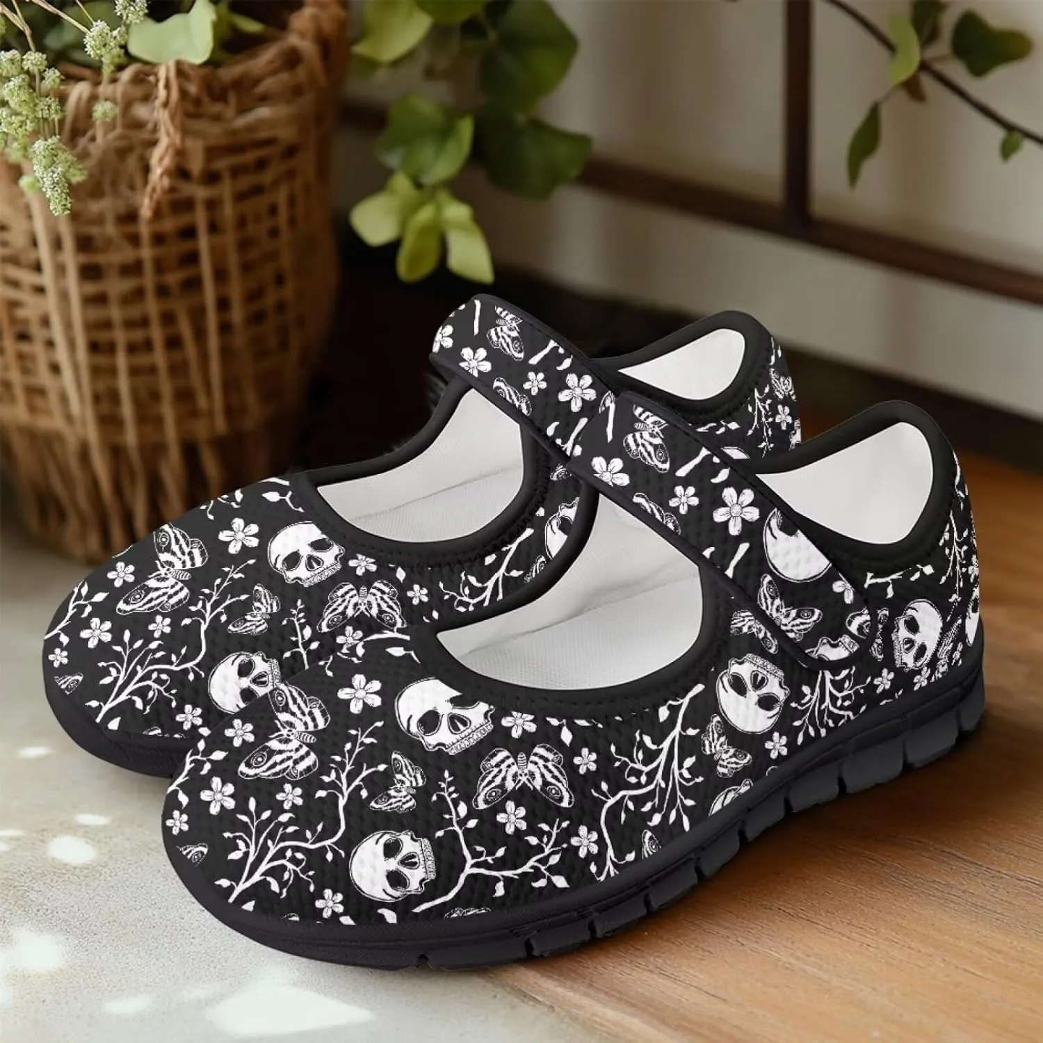 Skull Print Women's Mary Jane Shoes Slip Ons Breathable Cozy Shoes for Daily