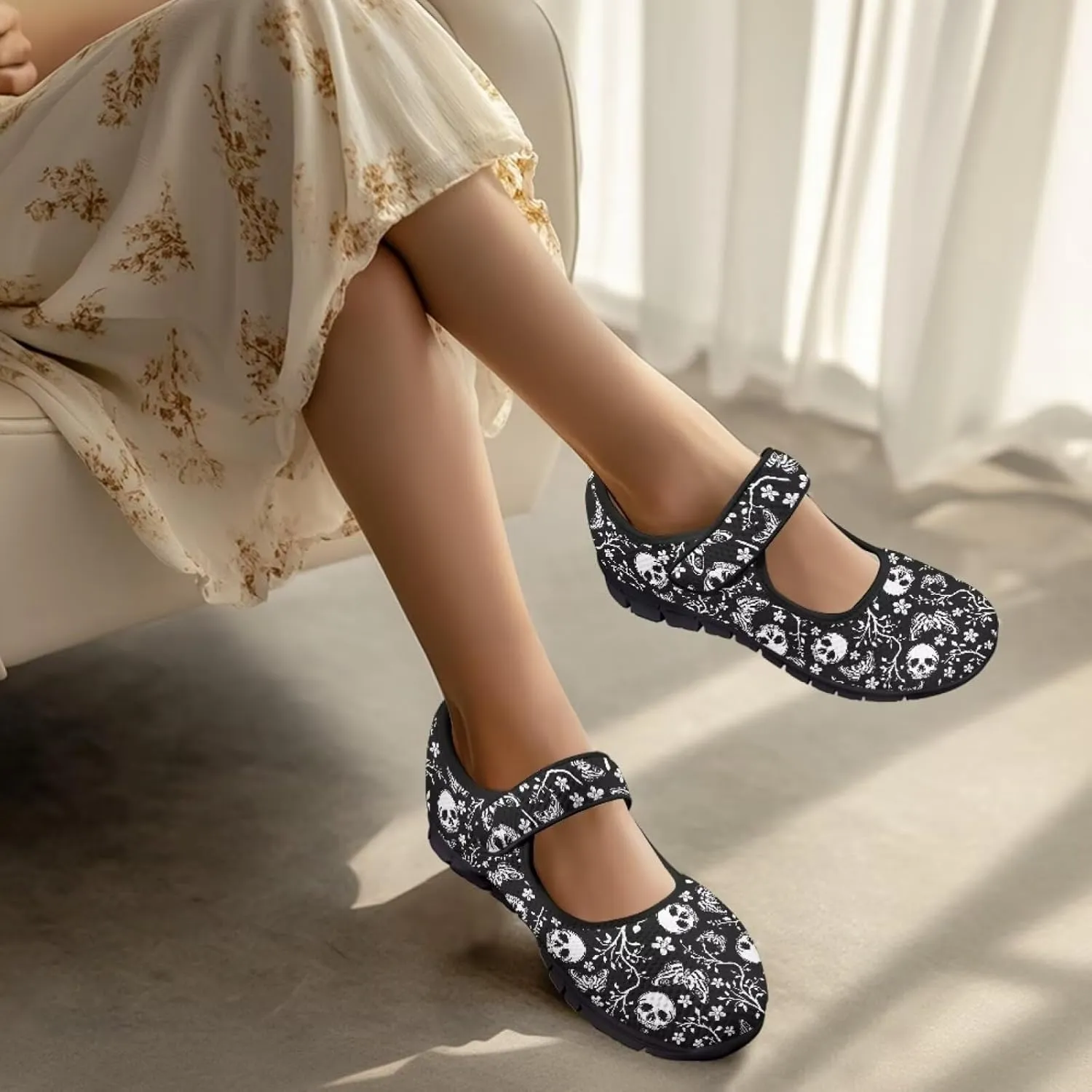 Skull Print Women's Mary Jane Shoes Slip Ons Breathable Cozy Shoes for Daily