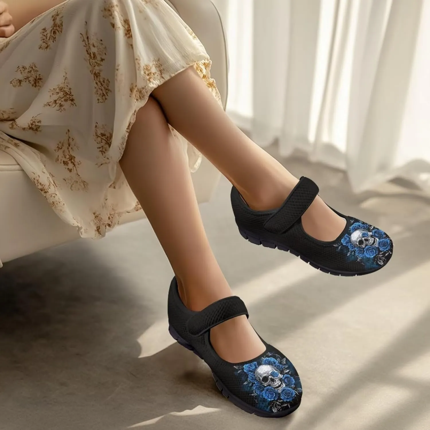 Skull Print Women's Mary Jane Shoes Slip Ons Breathable Cozy Shoes for Daily