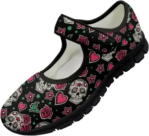 Skull Print Women's Mary Jane Shoes Slip Ons Breathable Cozy Shoes for Daily