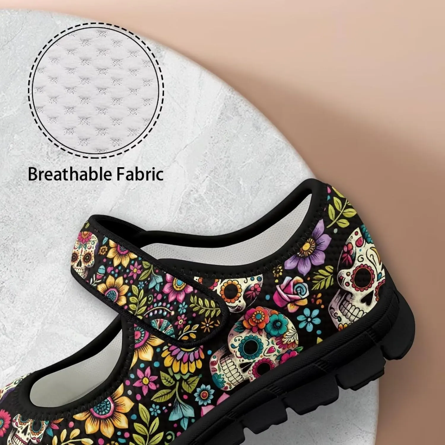Skull Print Women's Mary Jane Shoes Slip Ons Breathable Cozy Shoes for Daily