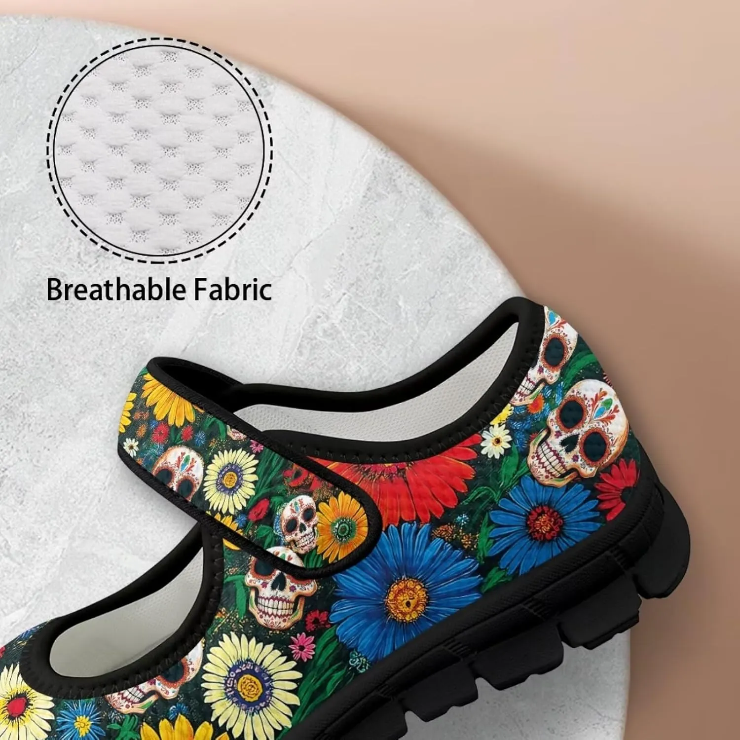 Skull Print Women's Mary Jane Shoes Slip Ons Breathable Cozy Shoes for Daily