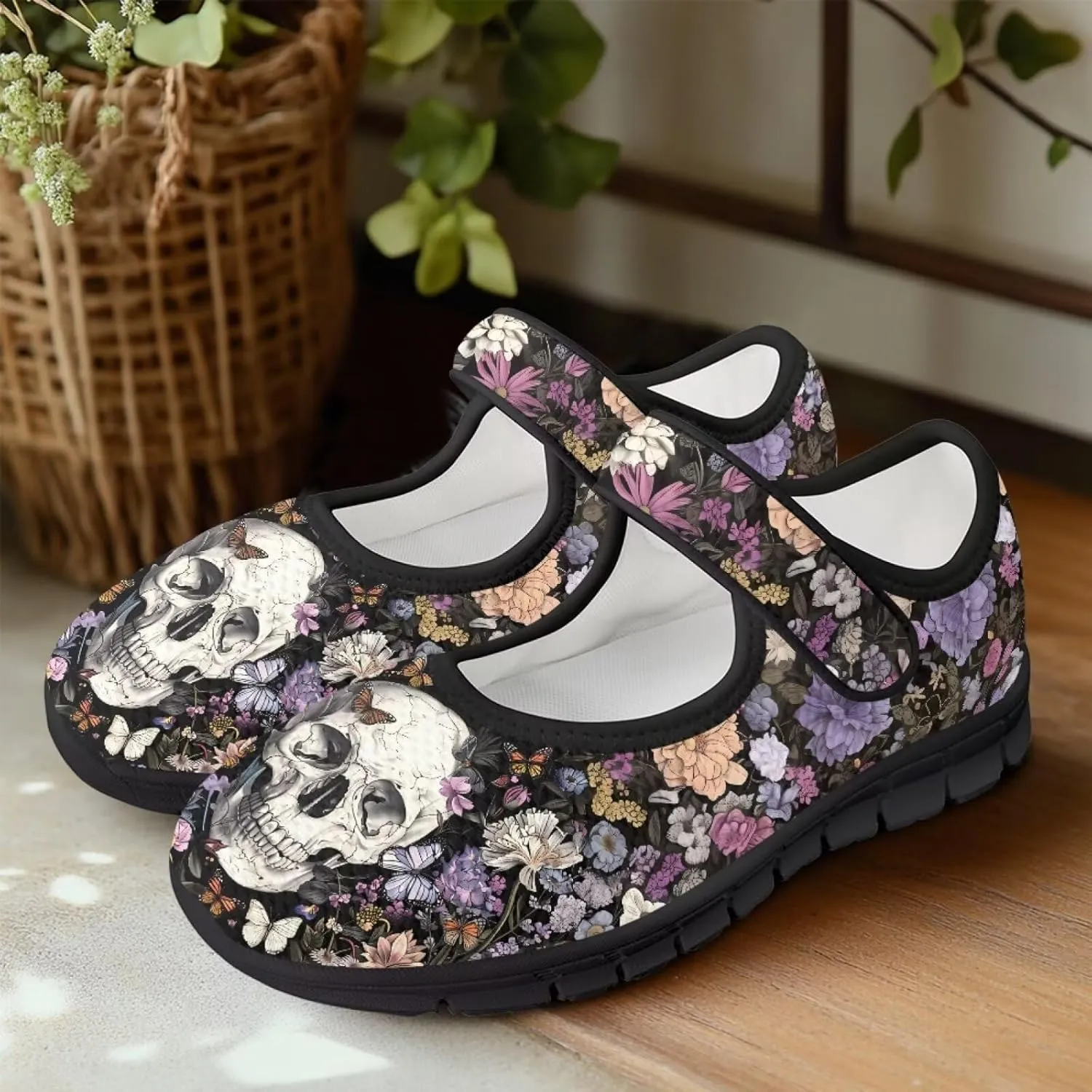 Skull Print Women's Mary Jane Shoes Slip Ons Breathable Cozy Shoes for Daily