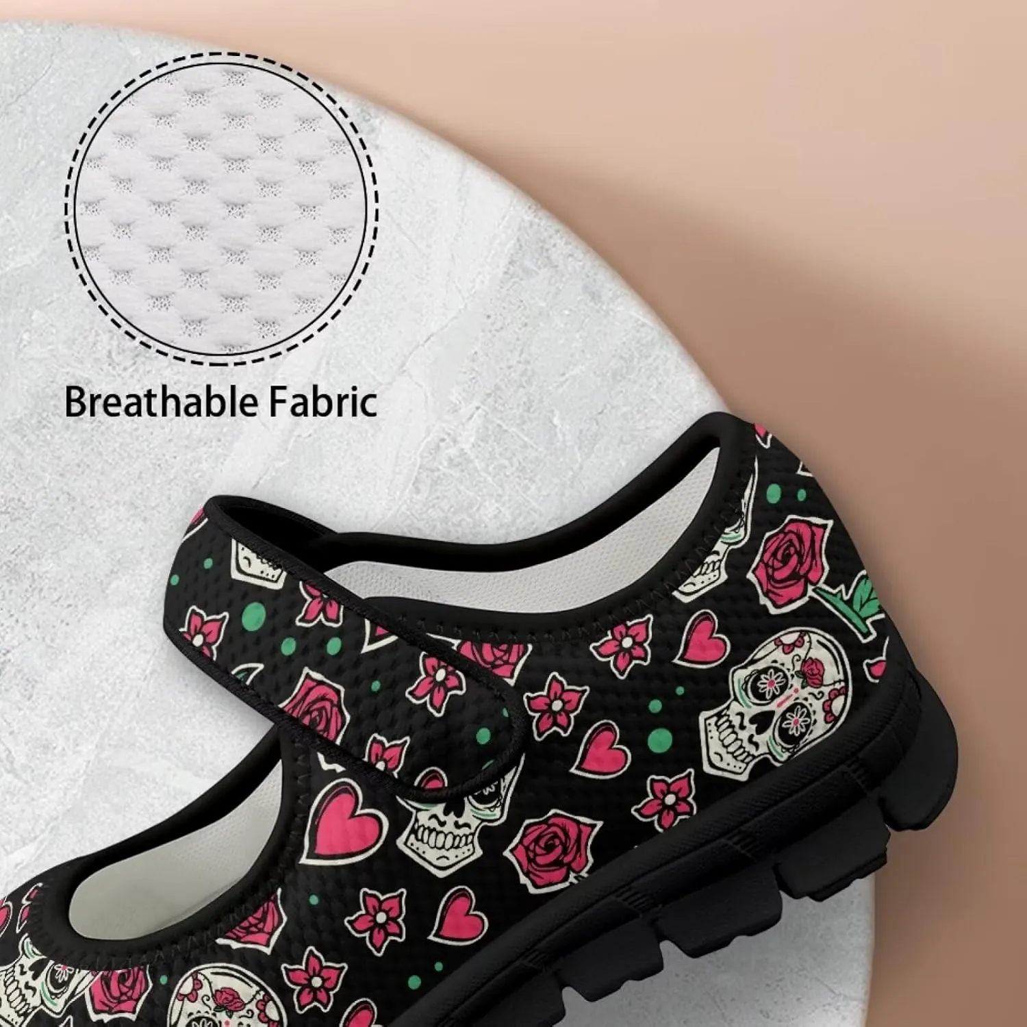 Skull Print Women's Mary Jane Shoes Slip Ons Breathable Cozy Shoes for Daily