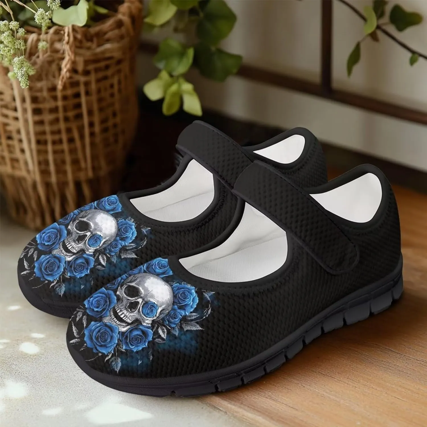 Skull Print Women's Mary Jane Shoes Slip Ons Breathable Cozy Shoes for Daily
