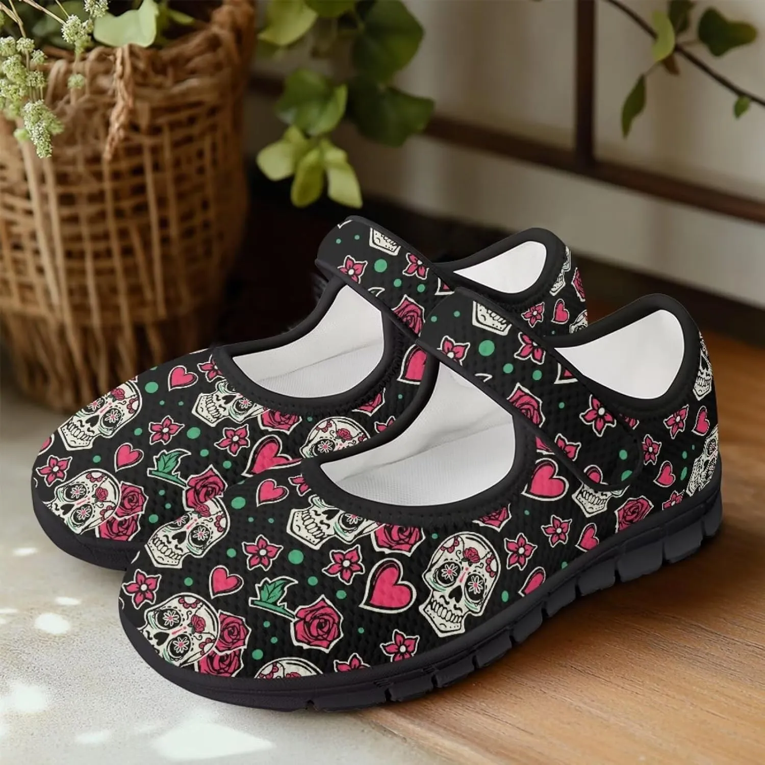 Skull Print Women's Mary Jane Shoes Slip Ons Breathable Cozy Shoes for Daily