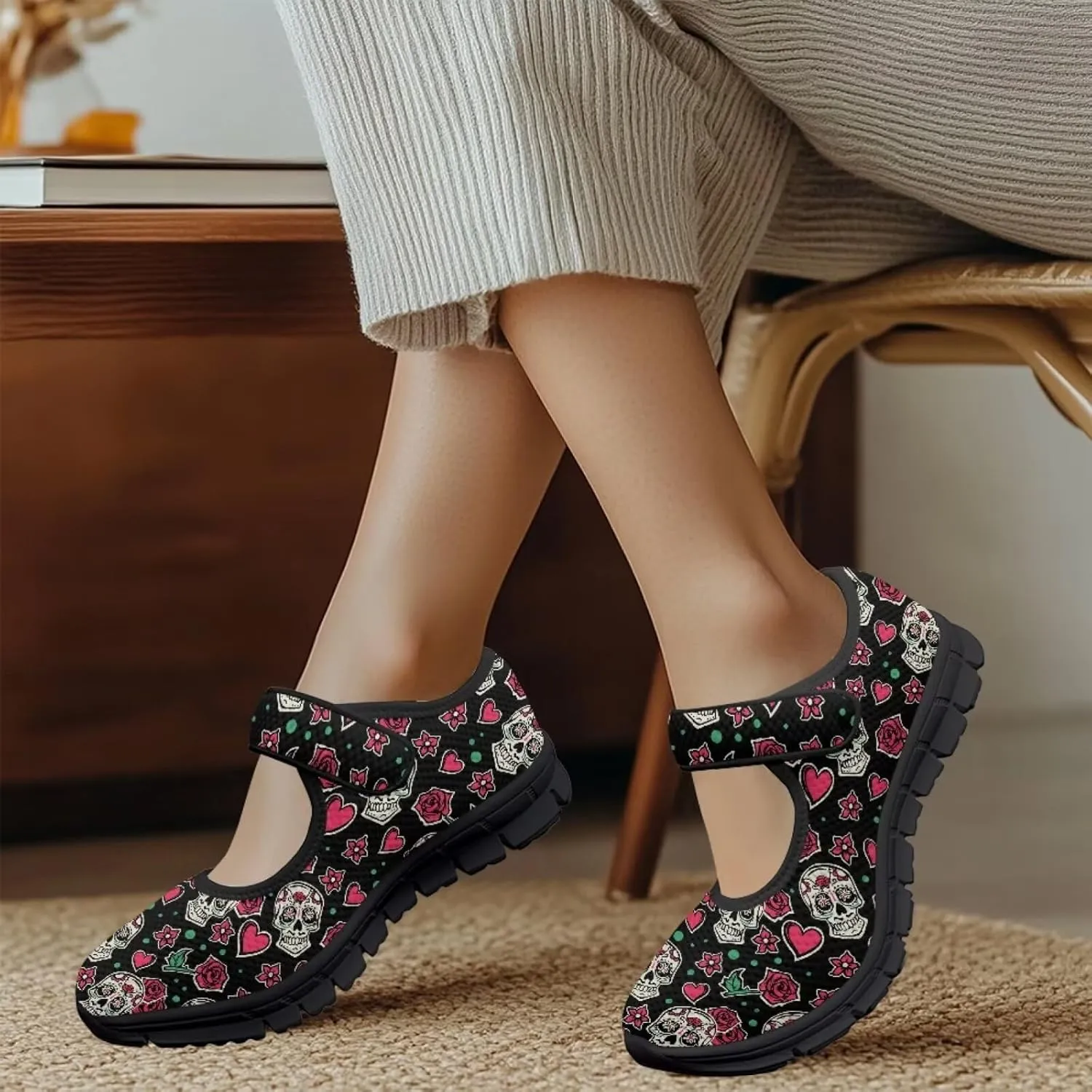Skull Print Women's Mary Jane Shoes Slip Ons Breathable Cozy Shoes for Daily