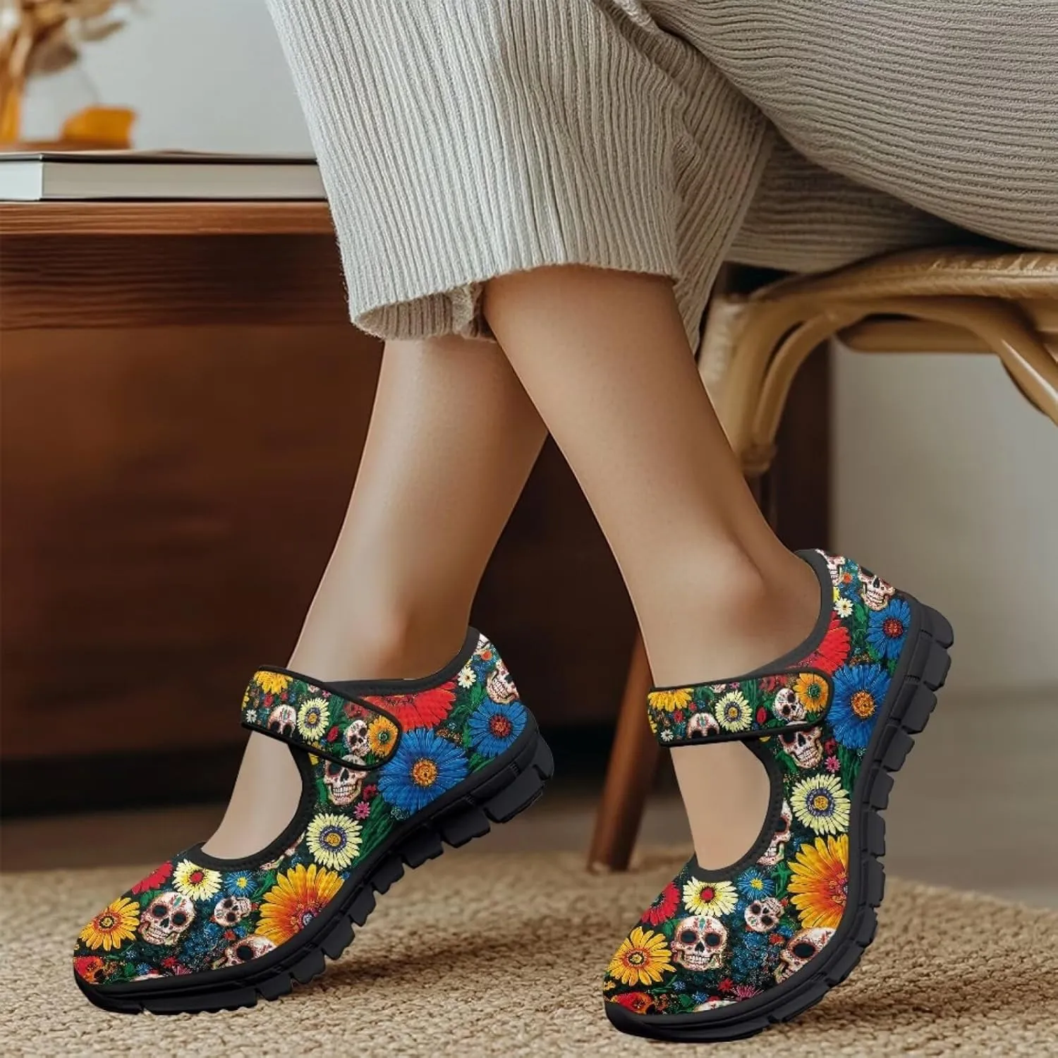 Skull Print Women's Mary Jane Shoes Slip Ons Breathable Cozy Shoes for Daily