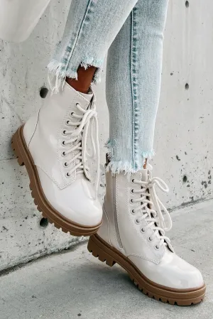 Slick Moves Patent Leather Combat Booties (Bone)