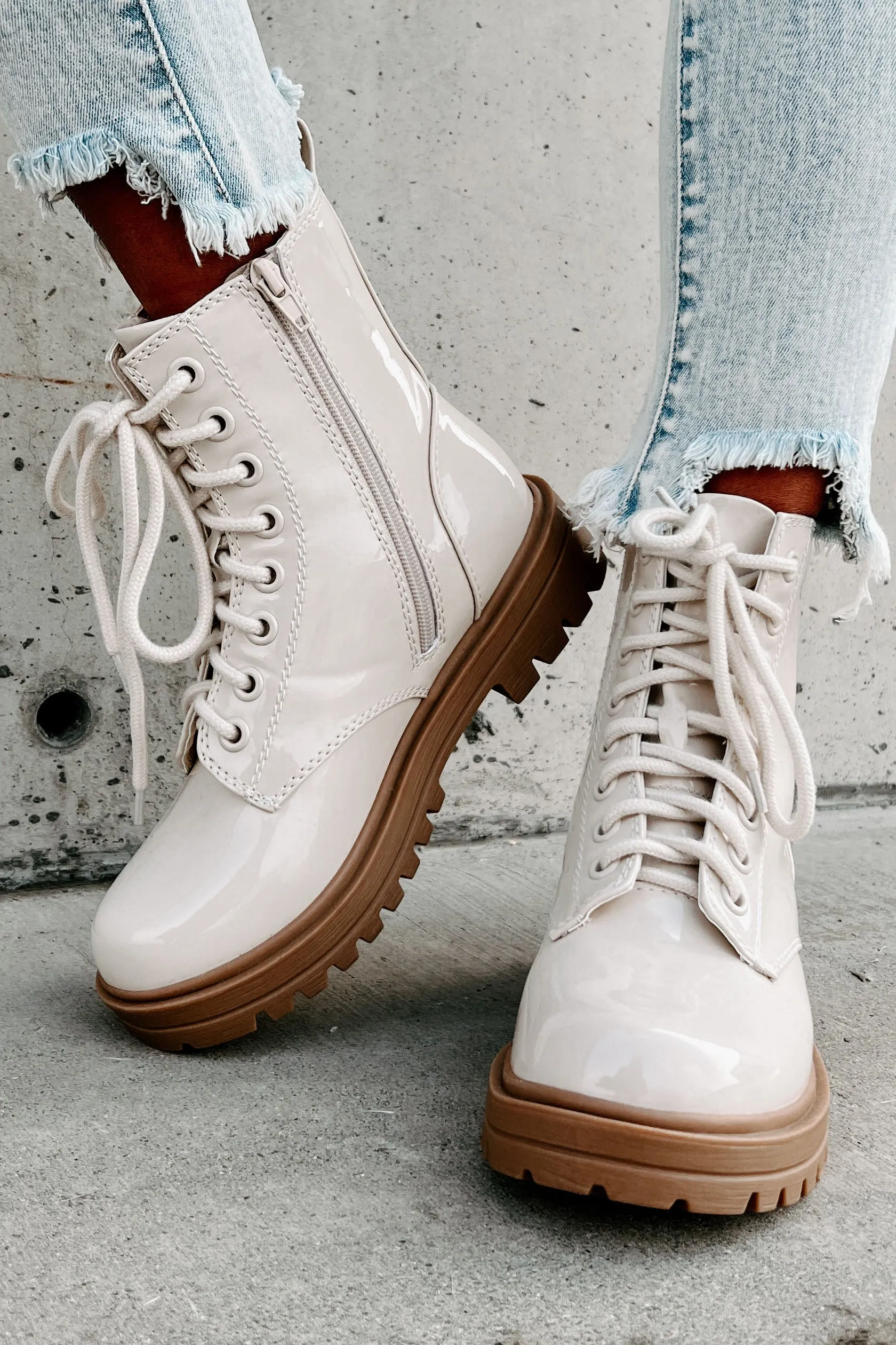 Slick Moves Patent Leather Combat Booties (Bone)