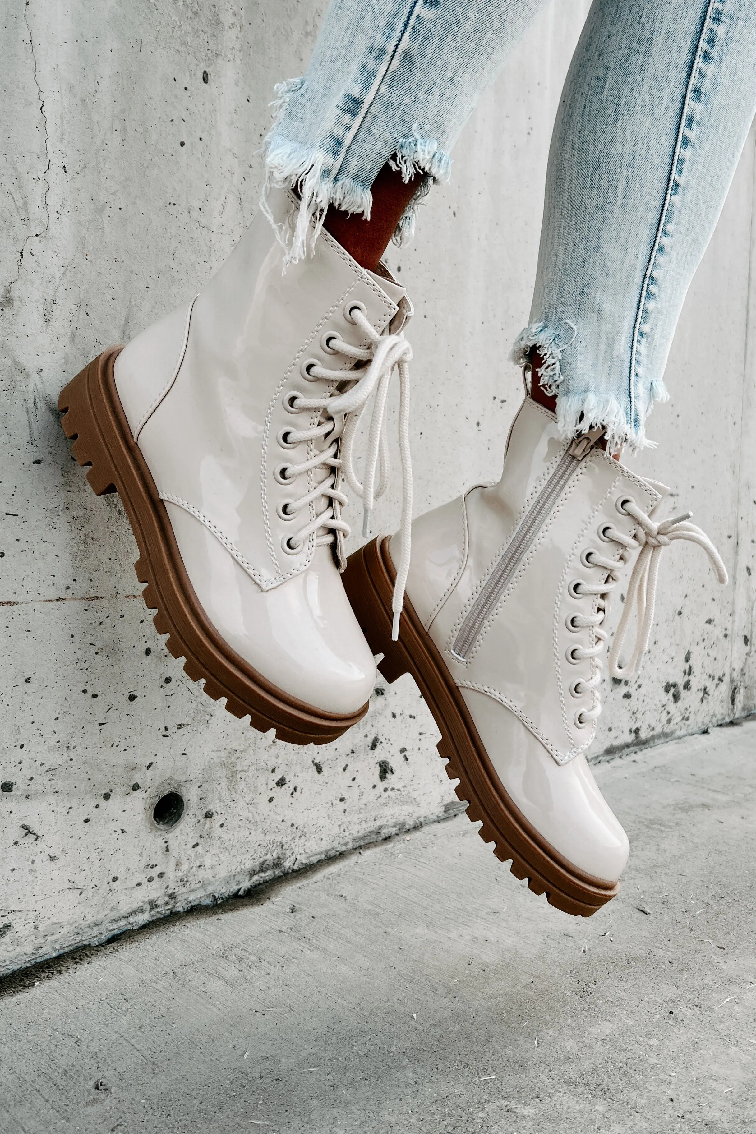 Slick Moves Patent Leather Combat Booties (Bone)