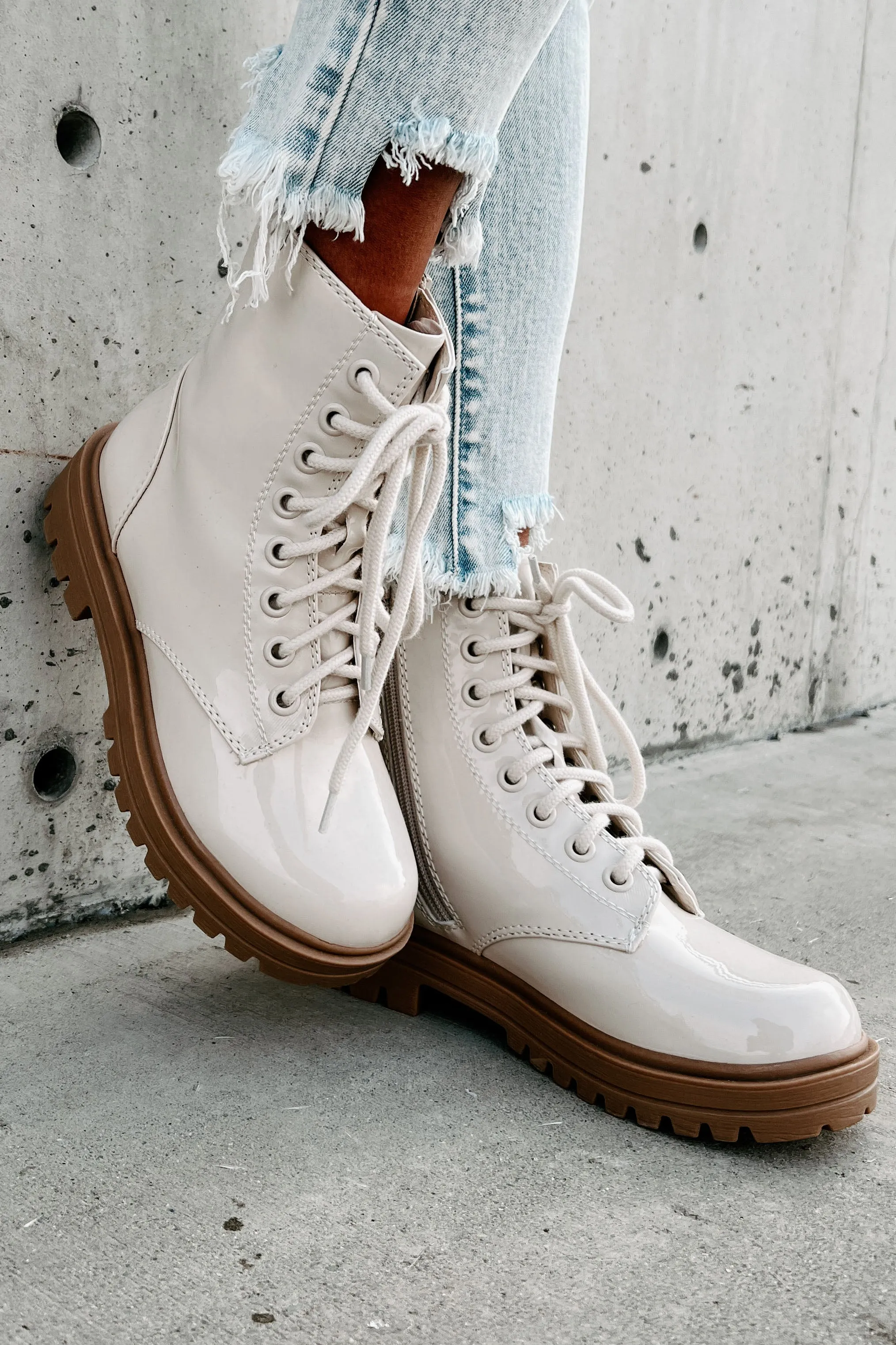 Slick Moves Patent Leather Combat Booties (Bone)