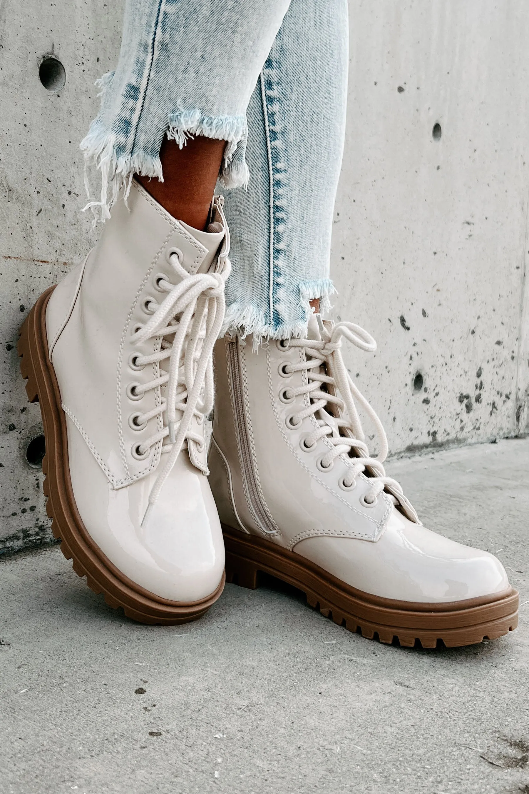 Slick Moves Patent Leather Combat Booties (Bone)
