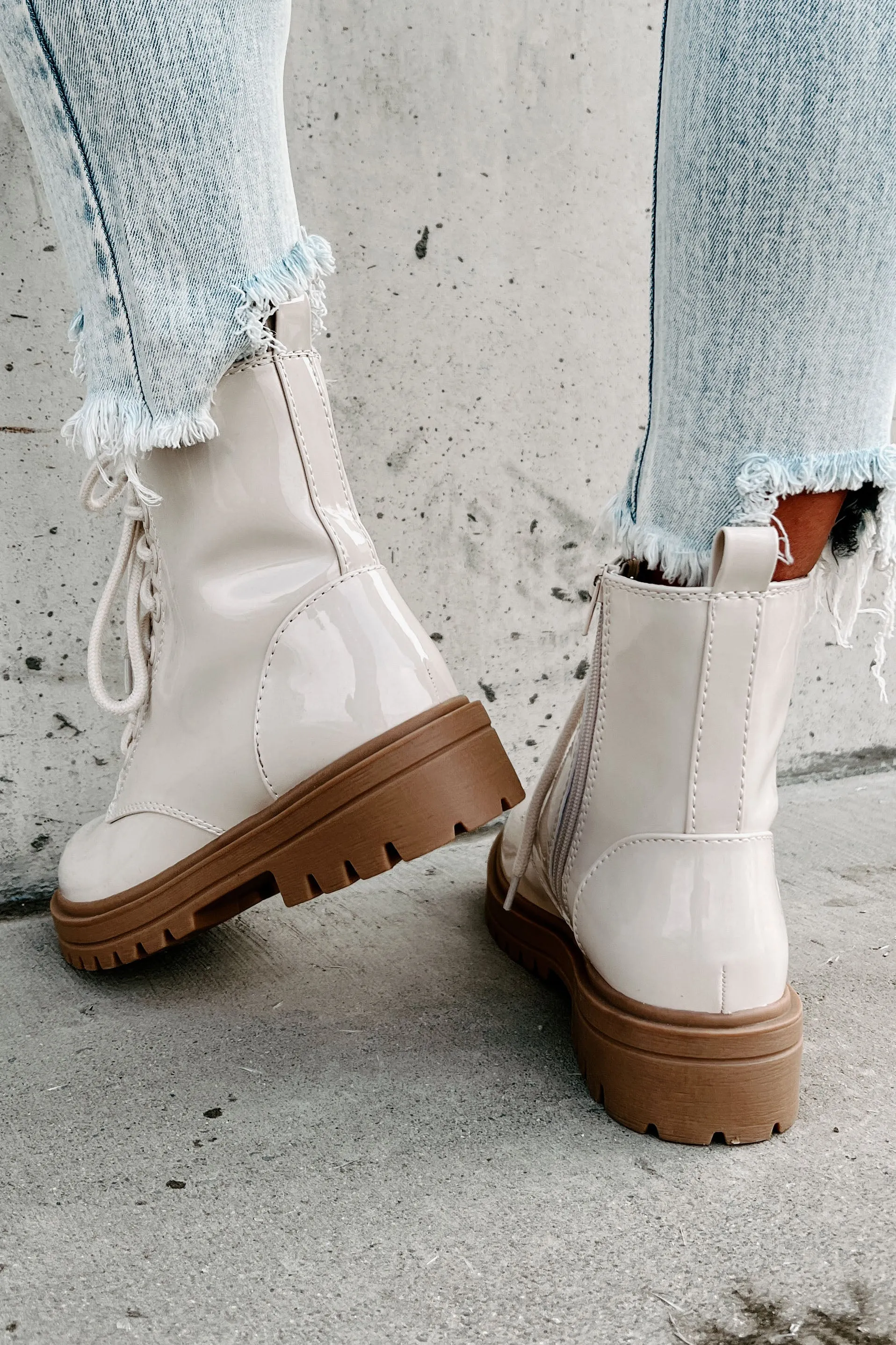 Slick Moves Patent Leather Combat Booties (Bone)