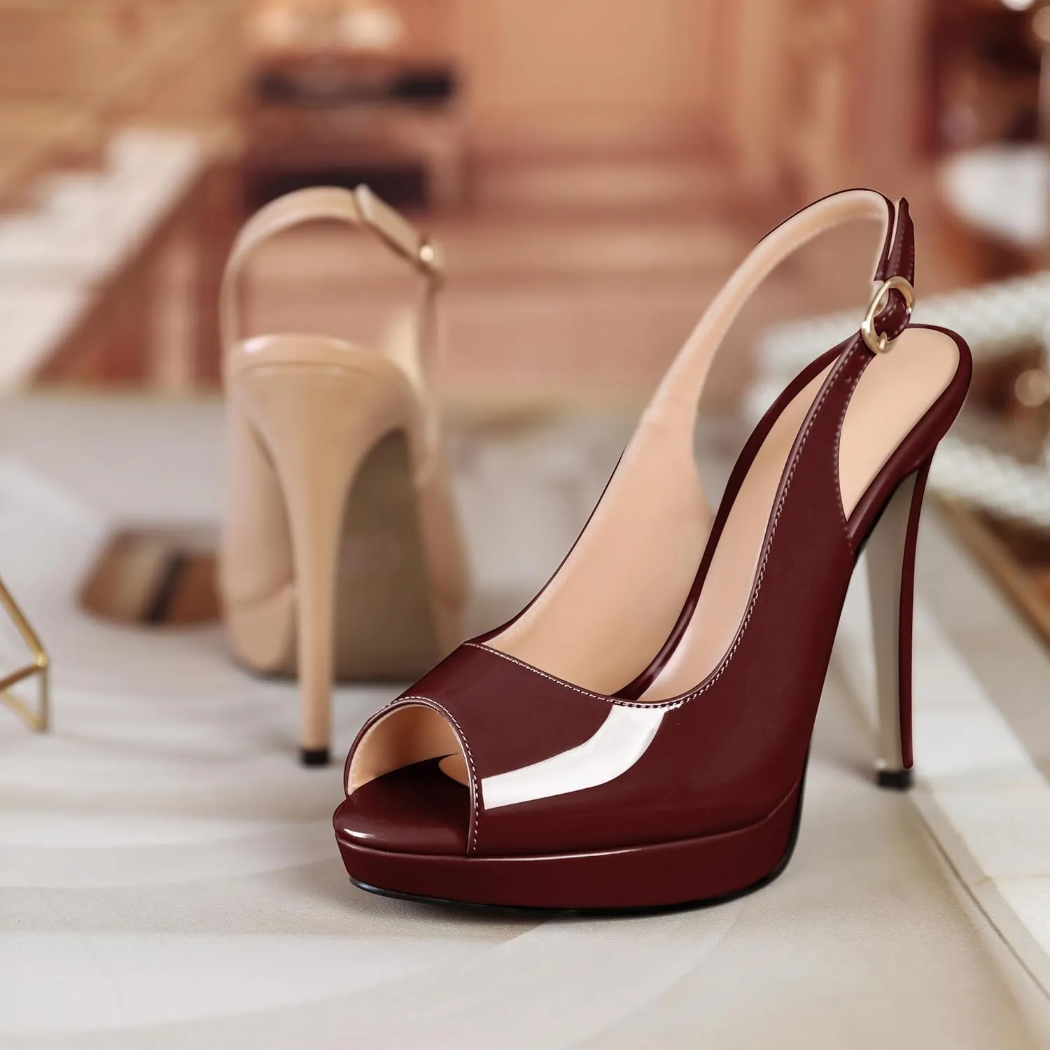 Soireelady Women's Slingback Platform Sexy Peep Toe High Heels Stiletto Slim Thin Heel Pumps Wedding Bride Evening Party Dress Shoes