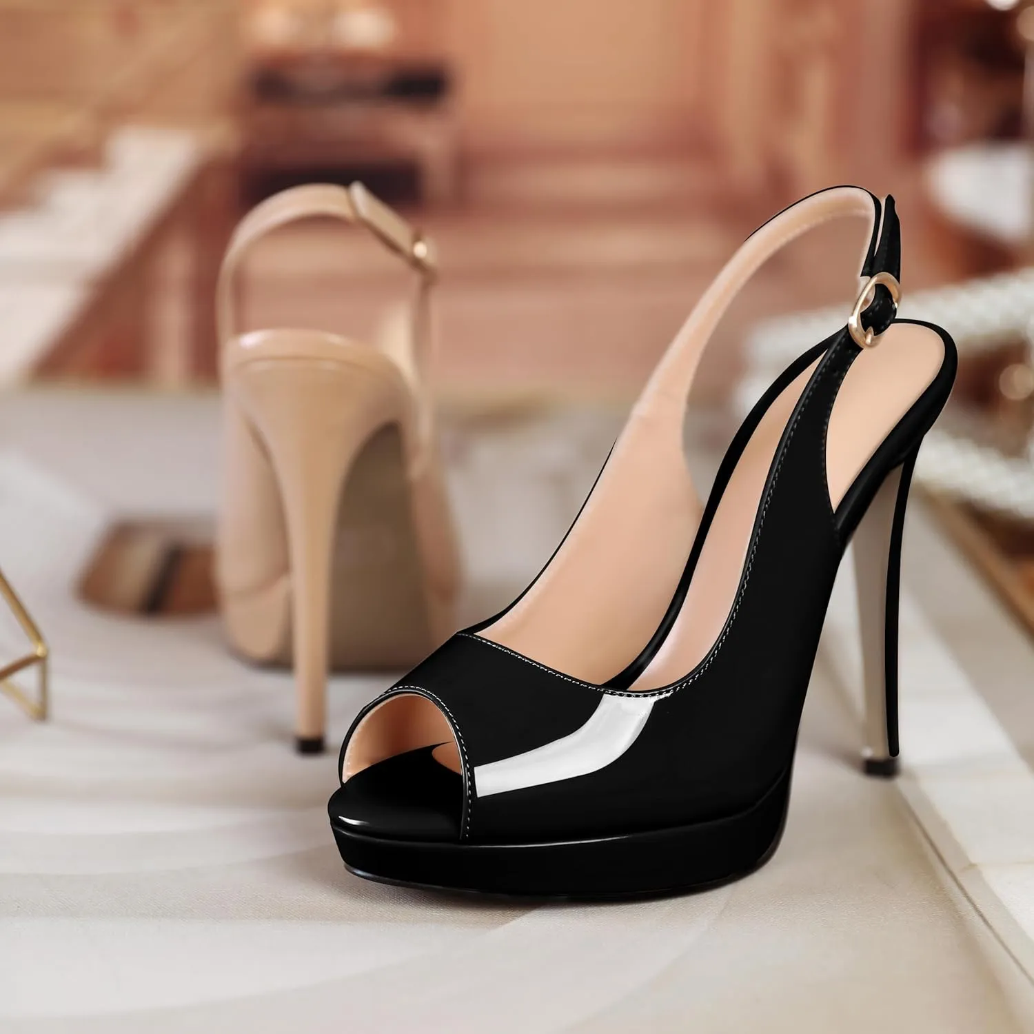 Soireelady Women's Slingback Platform Sexy Peep Toe High Heels Stiletto Slim Thin Heel Pumps Wedding Bride Evening Party Dress Shoes